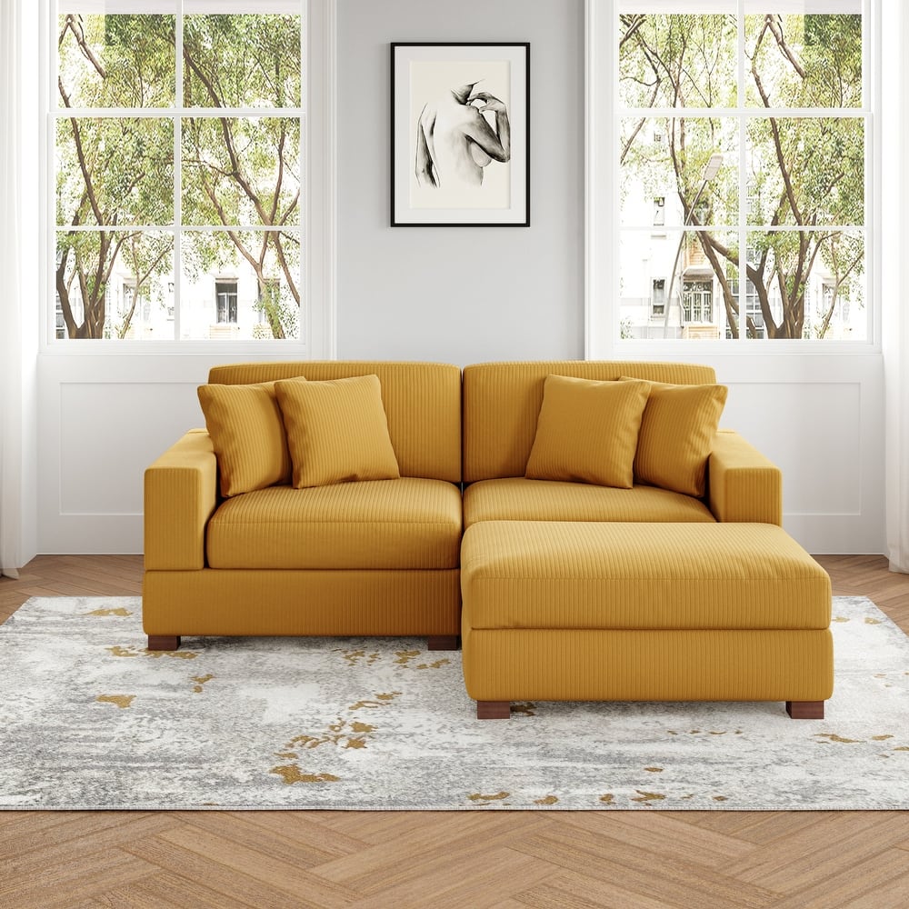 Ella 82" W/ 118" W Corduroy Modular Sectional Sofa with Ottoman