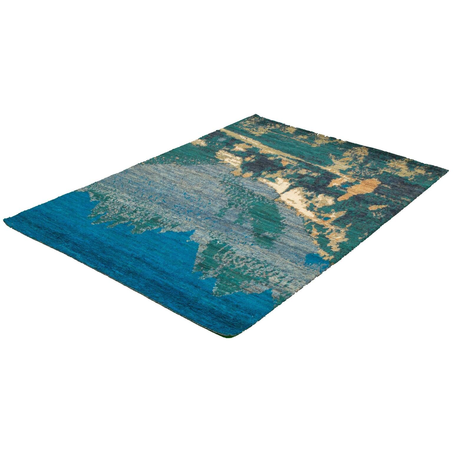 ECARPETGALLERY Handknotted Abstract Lahore Legacy Teal Wool Rug 6'5