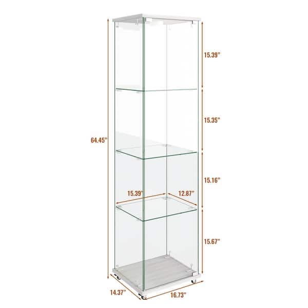 dimension image slide 7 of 24, Glass Display Cabinet with Doors & Locks, Acrylic Shelves, Floor Standing Storage Showcase for Home or Office