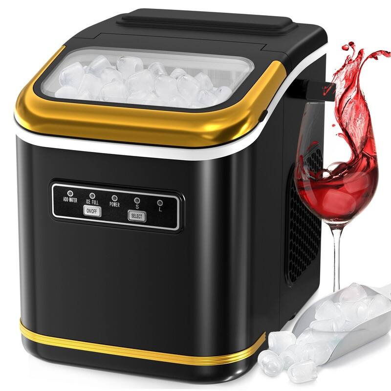 Countertop Ice Maker with Ice Scoop and Basket, 9 Cubes in 6 Mins, 26.5lbs/24h, 2 Sizes of Bullet Ice, Self-Cleaning - Black
