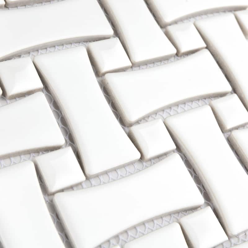 Merola Tile Metro Dog Bone Basketweave Matte White w/Glossy White Dot 10" x 10" Porcelain Mosaic Tile