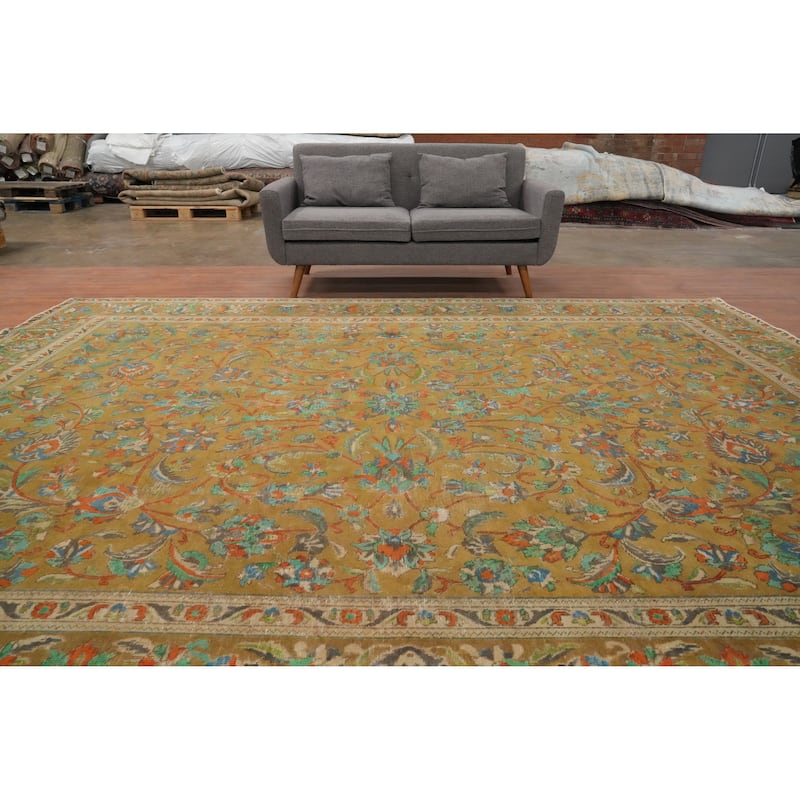 Hand Knotted Oriental 100% Wool Carpet Traditional Floral Yellow & Gold Tabriz Area Rug - 12' 7'' X 9' 7''