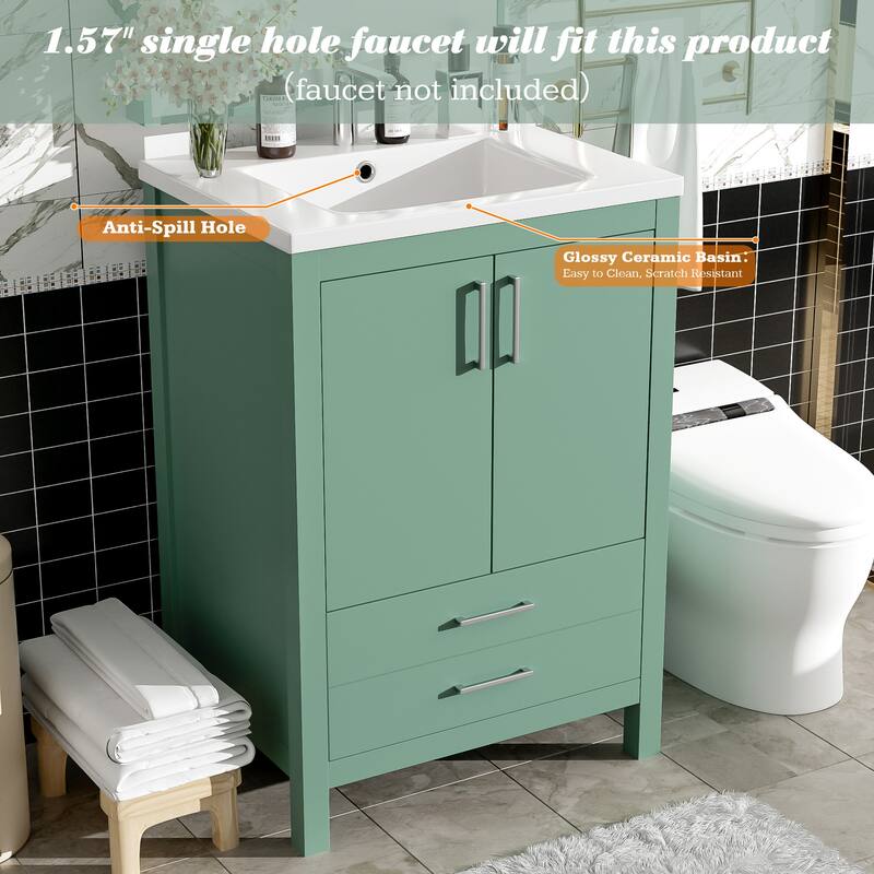 Modern 24 Inch Bathroom Vanity with Sink Combo, Green Cabinet with Silver Handles and Soft Closing Storage
