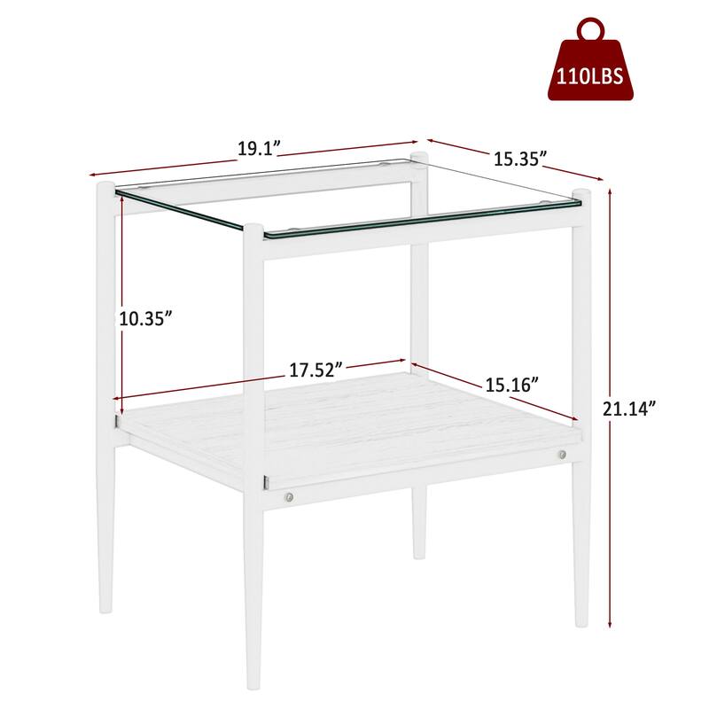 Set of 2 Rectangle End Table, Tempered Glass Tabletop with MDF layer, Modern Table for Living Room, Transparent Glass