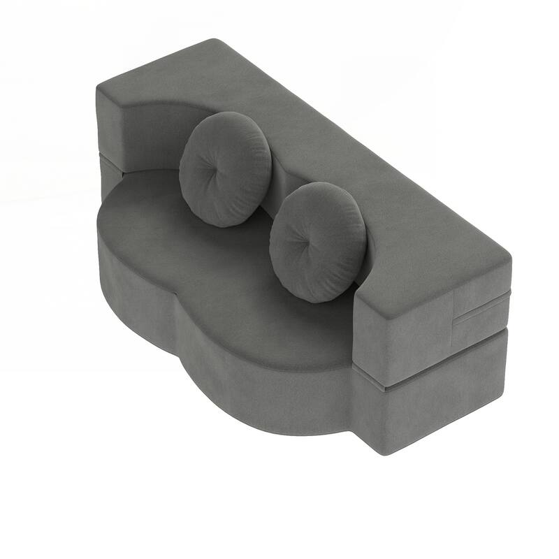 Modern Floor Sofa with 2 Pillows,Convertible Plush Corduroy Foam-Filled Sleeper Sofa Bed - Grey