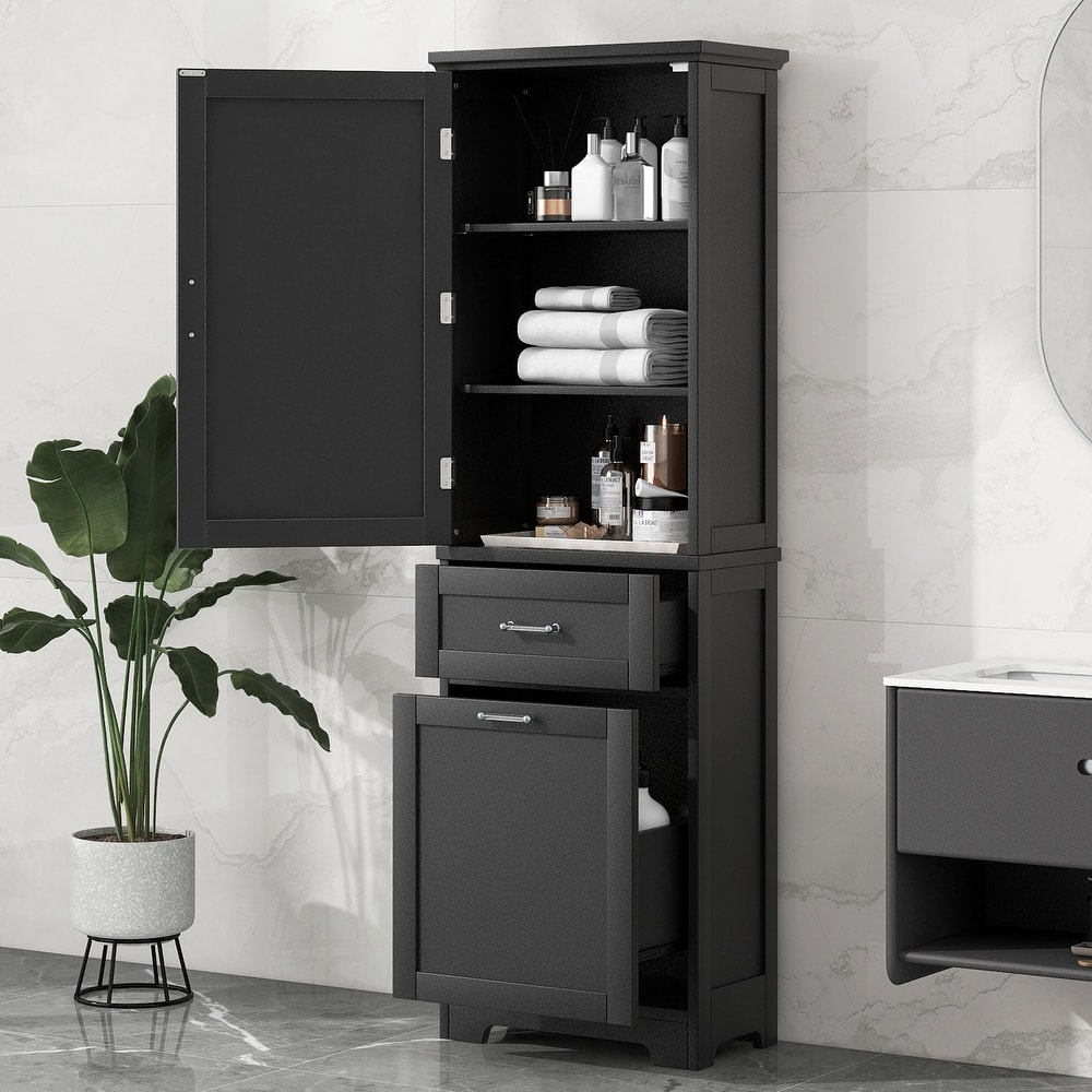 GDFStudio - Rowan Tall Freestanding Bathroom Storage Cabinet with Two-Sized Drawers and Adjustable Shelf