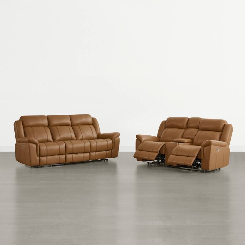 Spruce & Spring Genuine Leather Power Reclining Sofa with Optional Console & Flip-Down Table