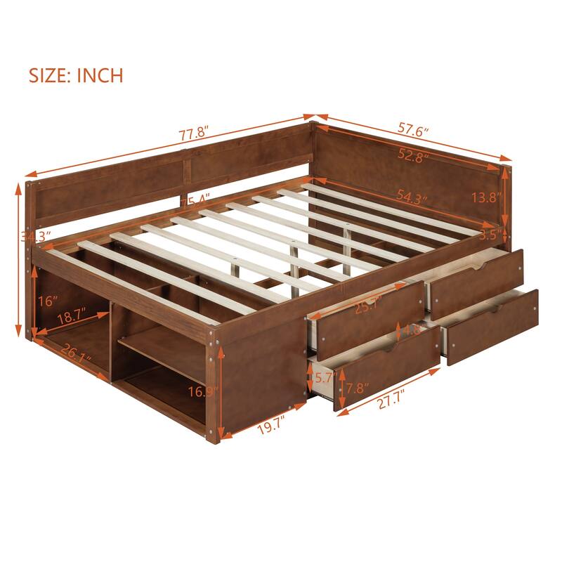 Storage Bunk Bed with Trundle, Full/Twin Size Bed Frame with 3 Drawers and Shelves