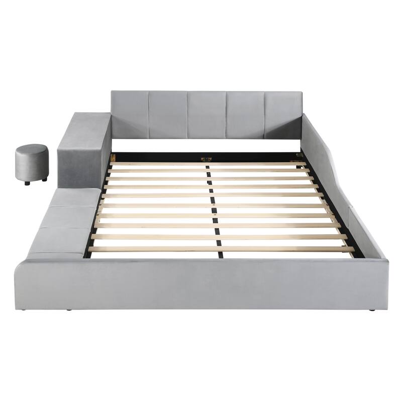 Queen Size Upholstered Grounded Bed, Mother & Child Bed with Bedside Desk and Little Round Stool, Velvet, Gray