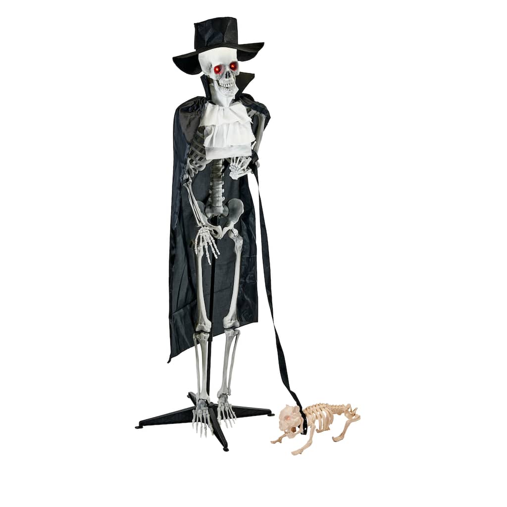 65" Lifesize Halloween Dressed Standing Skeleton Walking Skeleton Dog On A Leash