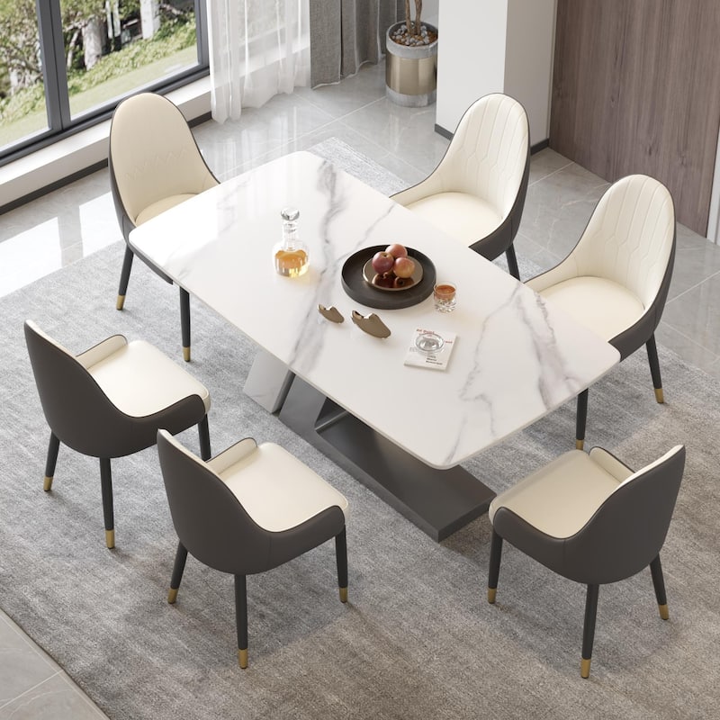 Slate Dining Table Faux Marble Table with Z shape Stainless Steel Pedestal - 70.87" - White