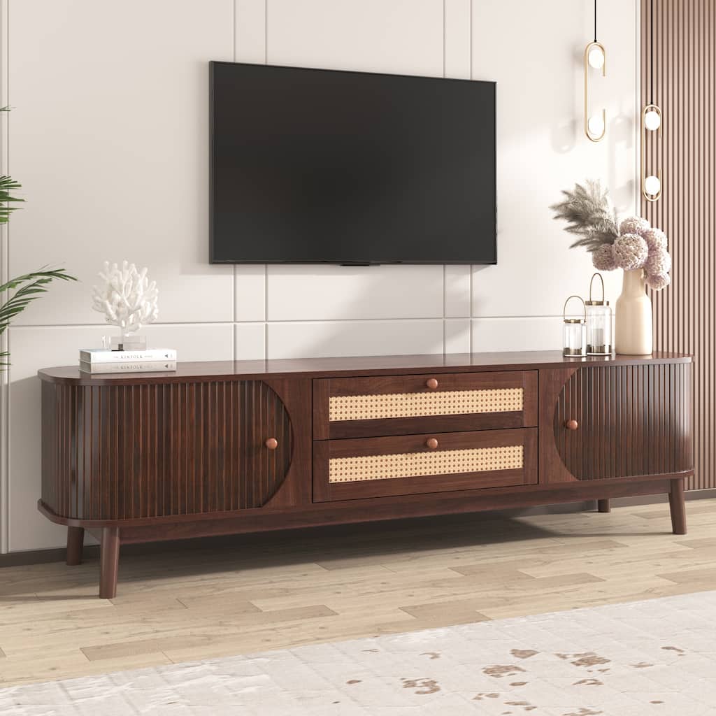 66.93" TV Stand with Solid Wood Legs and Interwoven Rattan Drawers for TVs Up to 75"
