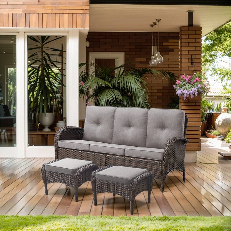 Pocassy Patio Outdoor Sofa Swivel Chairs with Ottman Table Set - Brown Wicker Gray Cushion - 3-Piece 3-Seat Sofa with Ottoman