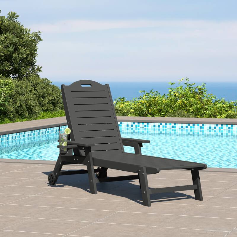 Brighton Outdoor Poly Reclining Chaise Lounge with Wheels & Cup Holder