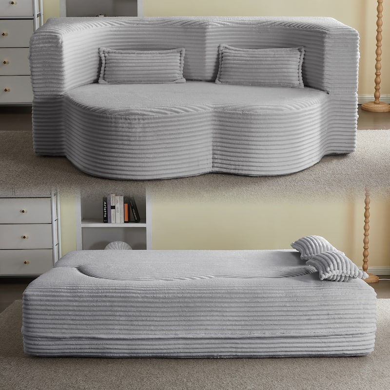 Full Size Floor Sleeper Sofa - 15" Folding Mattress, No Assembly Corduroy Sofa Bed with 2 Pillows - Grey