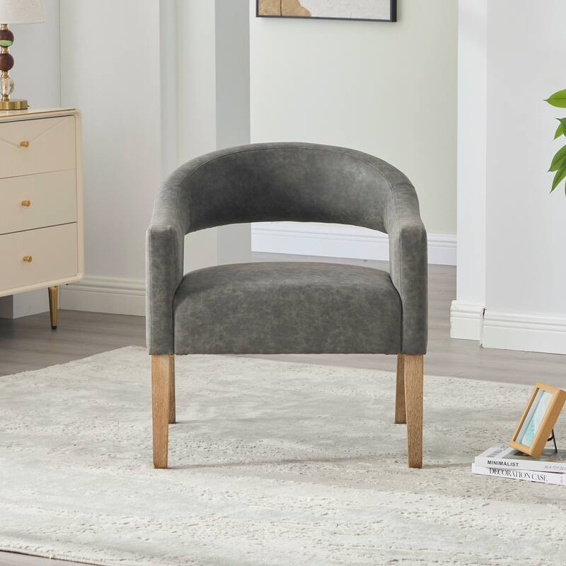 Modern Upholstered PU Open Back Accent Armchair Barrel Dining Chair with Weathered Rubberwood Legs