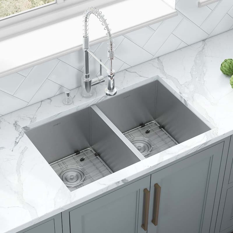 Ruvati 30-inch Undermount 50/50 Double Bowl Zero Radius 16 Gauge Stainless Steel Kitchen Sink - RVH7350 - 30 x 19