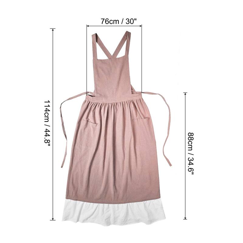 Vintage Cotton Linen Aprons Cross Back Aprons Dress with Pockets - 44.8 inch - Pink