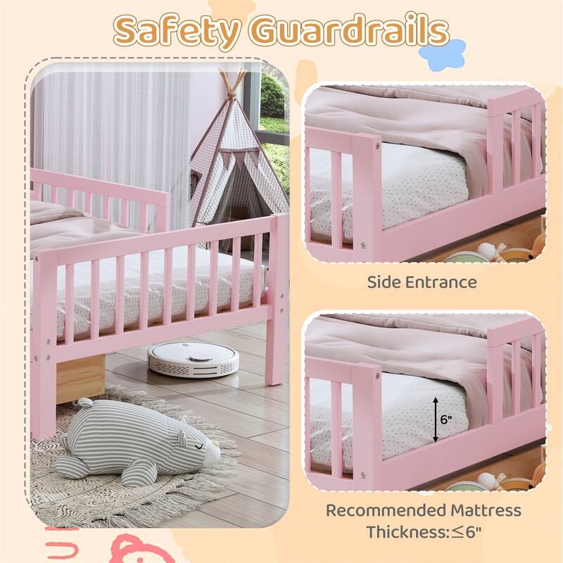 Twin Size Platform Bed with Storage Headboard and 2 Under-Bed Drawers, Wooden Bed Frame with Guardrails and Slats Support