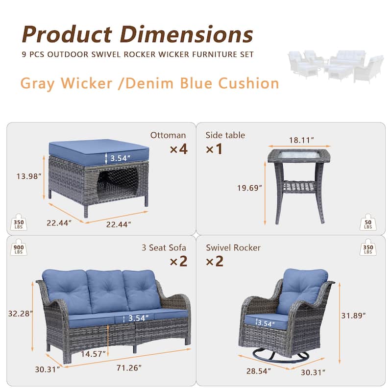 9 Piece Outdoor Wicker Patio Conversation Swivel Chairs Furniture Sets
