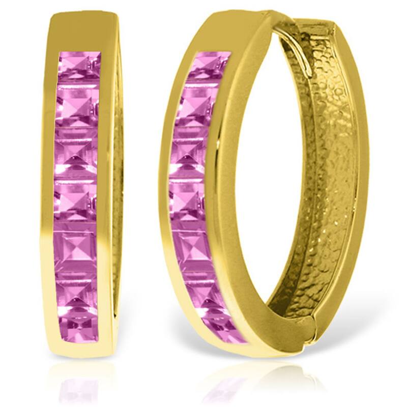 14K Solid Gold Hoop Huggie Gemstone Earrings w/ Pink Sapphires - Yellow