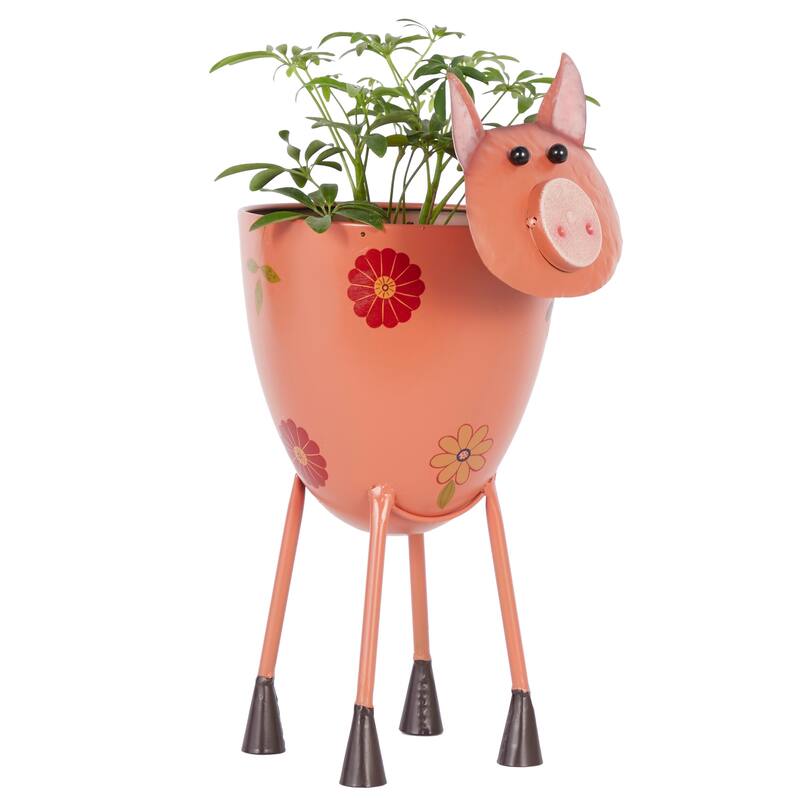 Pink Metal Pig Indoor Outdoor Planter with Floral Accents