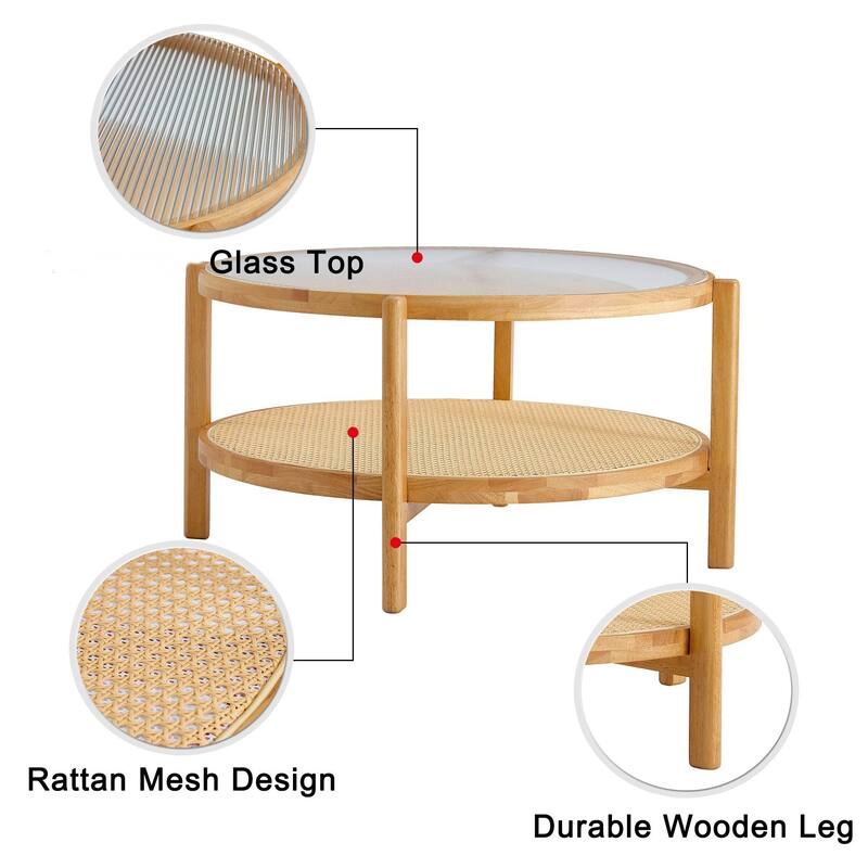 Circular Double-Layer Coffee Table, Glass Coffee Table with Open Rattan Storage Shelf Solid Wood Frame Tea Table