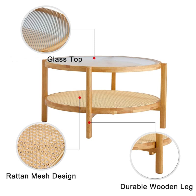 GDFStudio Alveron Solid Wood Double-Layer Coffee Table with Striped Glass Top