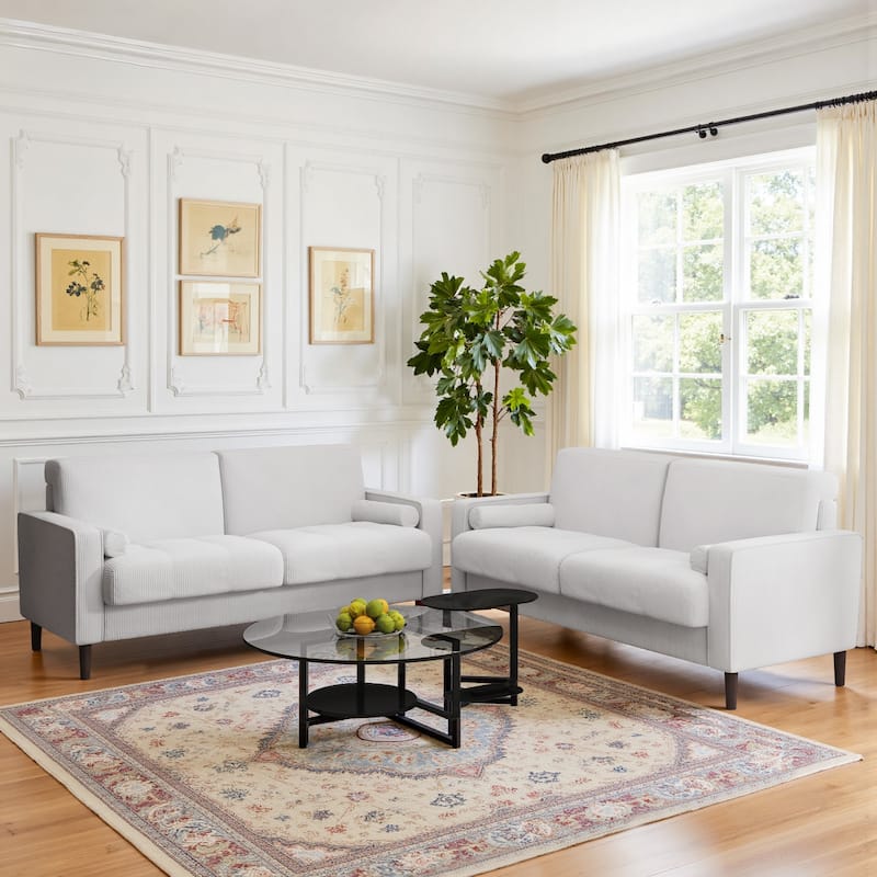 Modern Corduroy Upholstered Loveseat with Bolster Pillows and Wood Legs - Beige/2 set