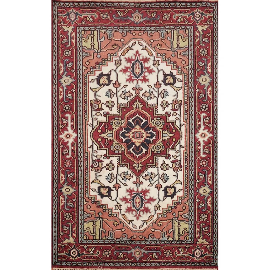 Hand Knotted Oriental 100% Wool Carpet Traditional Medallion Beige & Ivories Heriz (serapi) Area Rug - 6' 1'' X 4' 0''