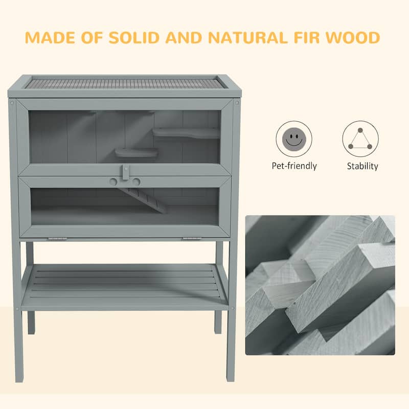 Grey Fir Wood Hamster Cage with Plexiglass Window and Elevated Base - 23.5"L×15.75"W×31.5"H