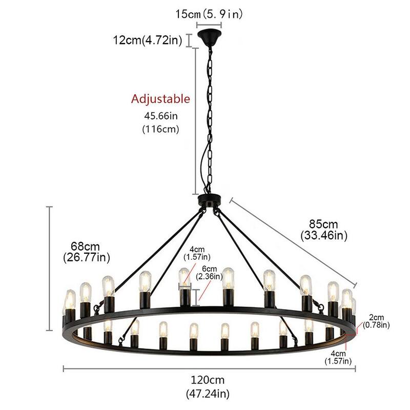 48" Black 24-Light Wagon Wheel Farmhouse Candle Round Wrought Iron Chandelier