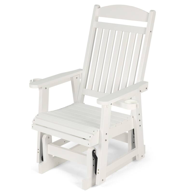 Poly Lumber Patio Glider for One Person with Cup Holders, HIPS Material, All-Weather Resistant - White