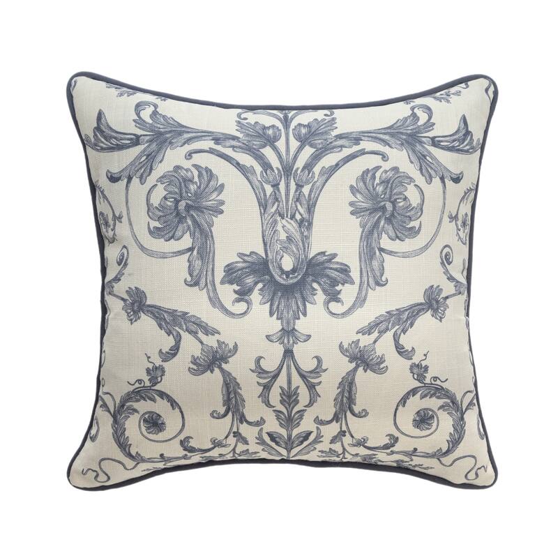 Reversible Damask Floral Outdoor Patio Square Throw Pillow - 20" - Cream and Blue