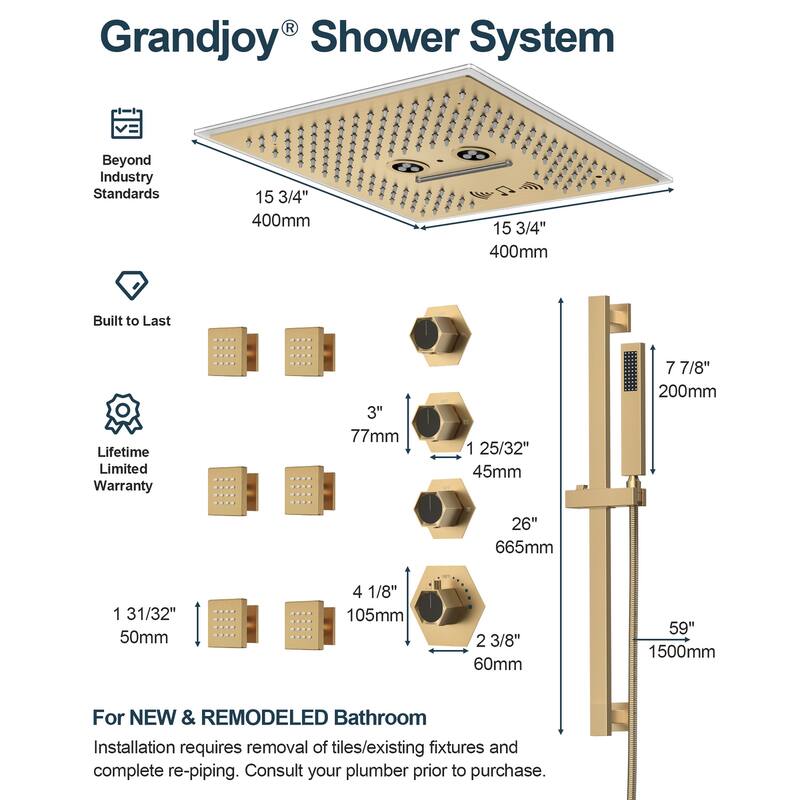 GRANDJOY Shower Faucet System 16 inch Ceiling Mount Shower Head 3 Spray Modes Handheld Spray with Slide Bar LED Music