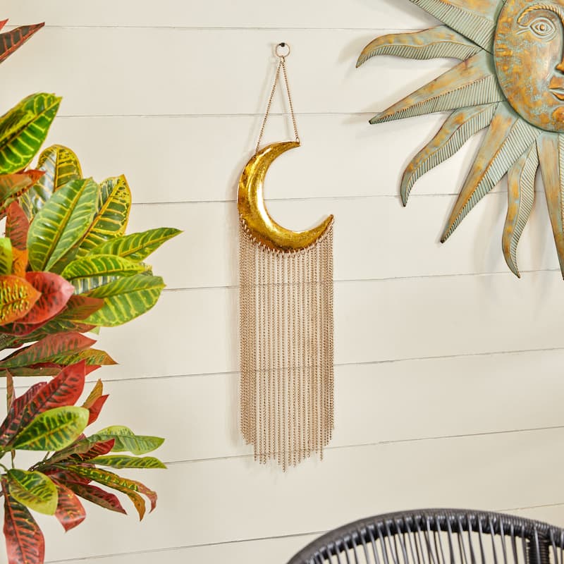 Gold Metal Indoor Outdoor Moon Windchime with Chain Tassels