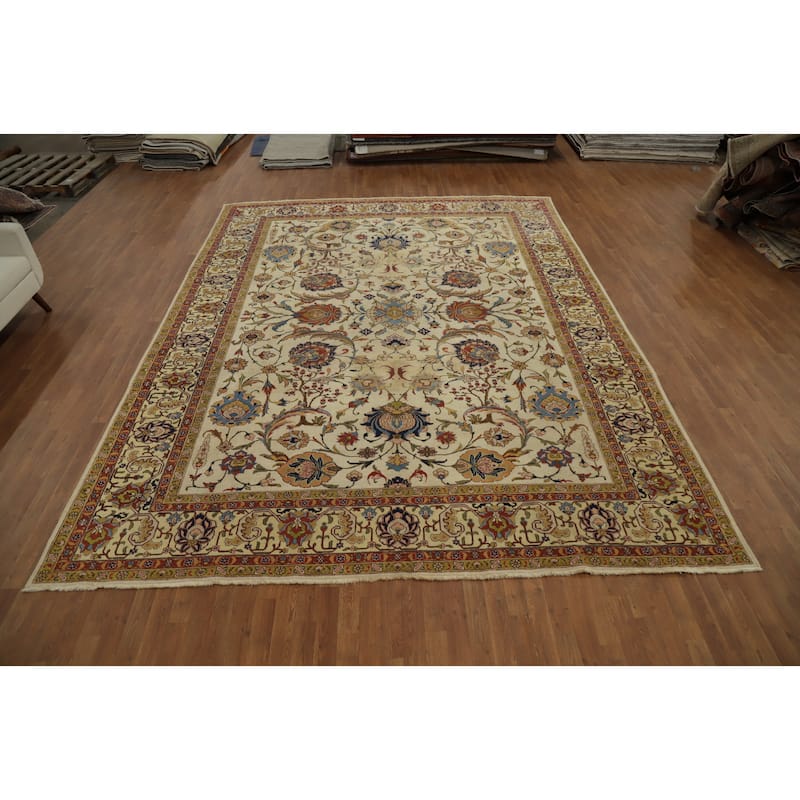 Hand Knotted Oriental 100% Wool Carpet Traditional Floral Beige & Ivories Tabriz Area Rug - 13' 7'' X 10' 4''