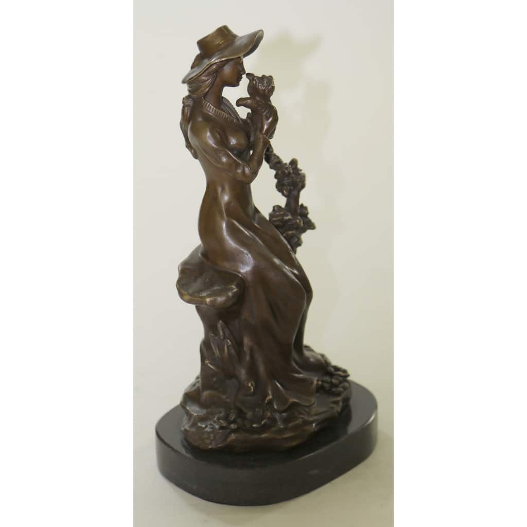 Rare Signed Lady W/ Dog Bronze Statue Figurine Art Deco Sculpture Figure Decor