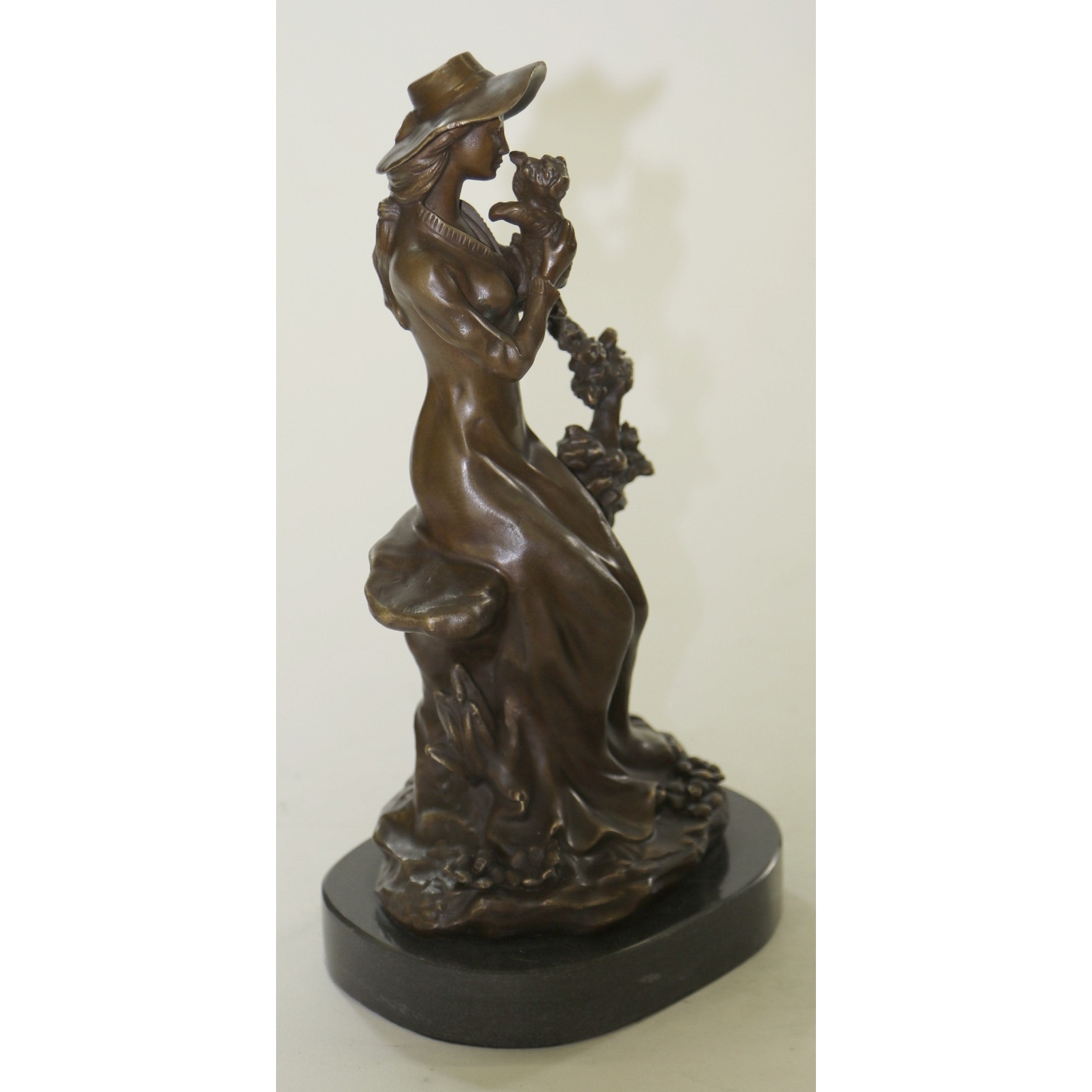 Rare Signed Lady W/ Dog Bronze Statue Figurine Art Deco Sculpture Figure Decor