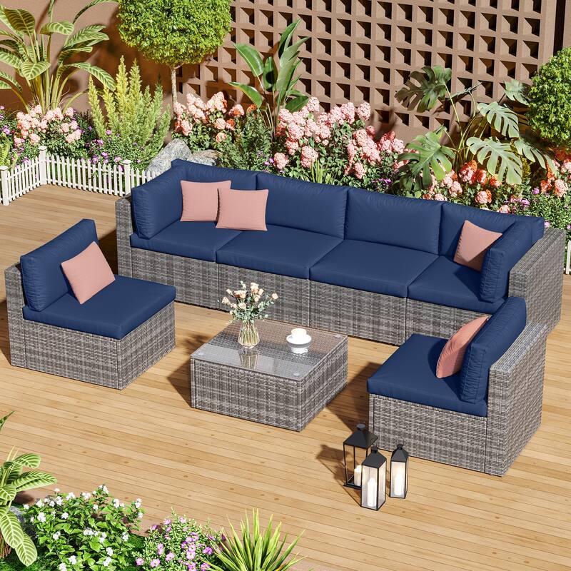 7-Piece Patio Furniture Set with Tempered Glass Coffee Table