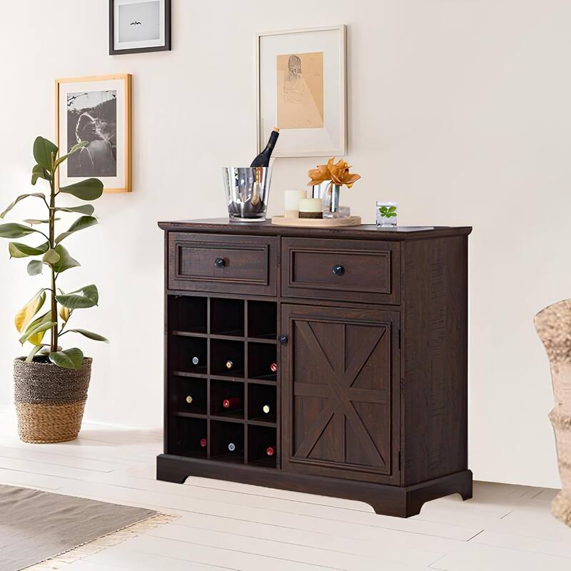 Roomfitters Farmhouse Buffet Cabinet with Storage Sideboard with 2 Drawers, Wine Bar Cabinet with Removable Wine Racks Storage