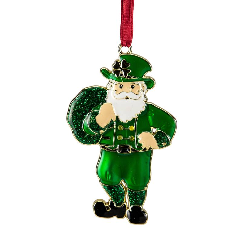 3.5" Green Brass-Plated Irish Santa Ornament European Crystals