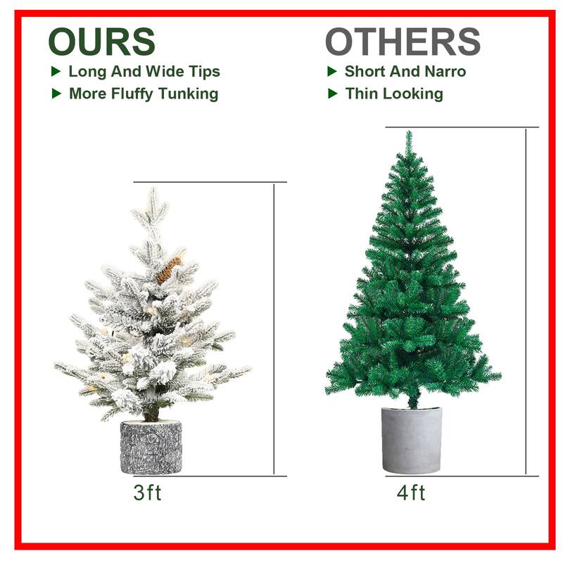 Pre-Lit Flocked Tabletop Tree - Warm White LED Lights, PE+PVC Branches, Pine Cones, Pot Base - White+Green