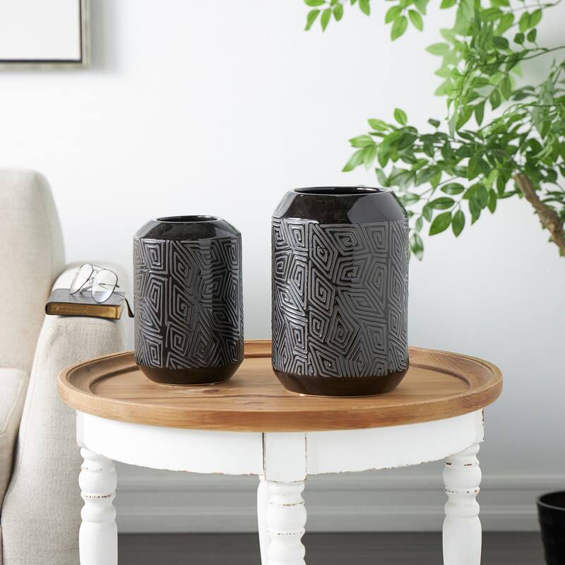 Black Ceramic Decorative Vase with Geometric Etchings (Set of 2) - Black