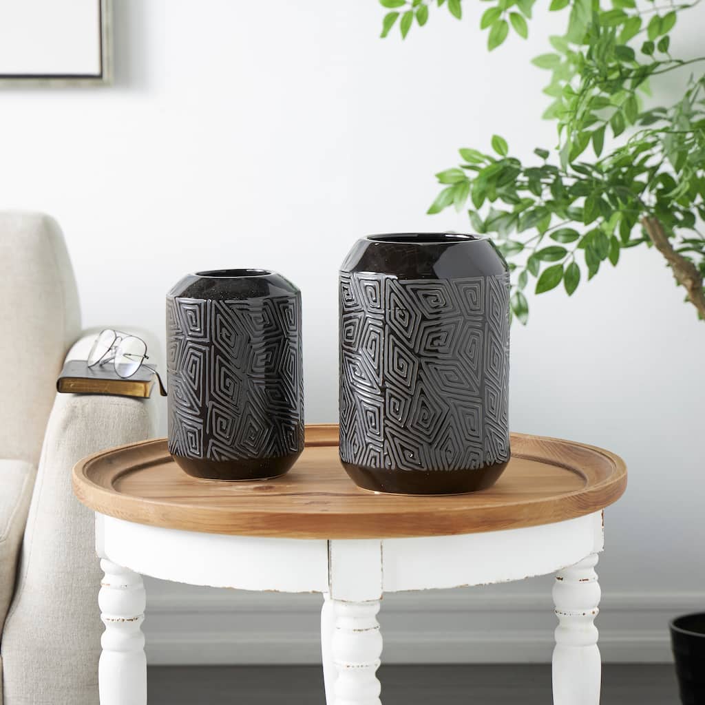 Black Ceramic Decorative Vase with Geometric Etchings (Set of 2)