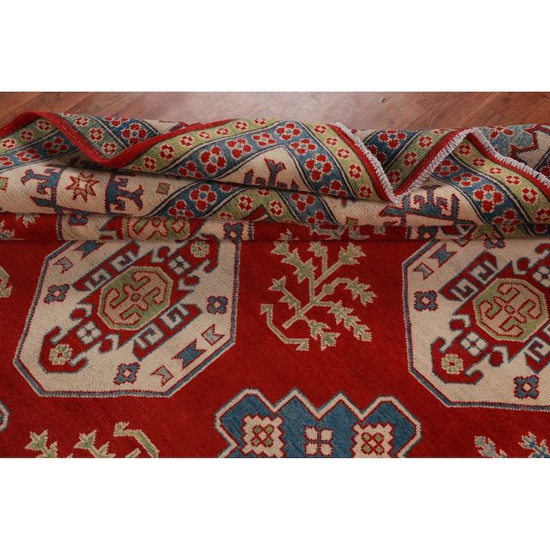 Hand Knotted Oriental 100% Wool Carpet Traditional Geometric Red Kazak Area Rug - 9' 6'' X 8' 0''