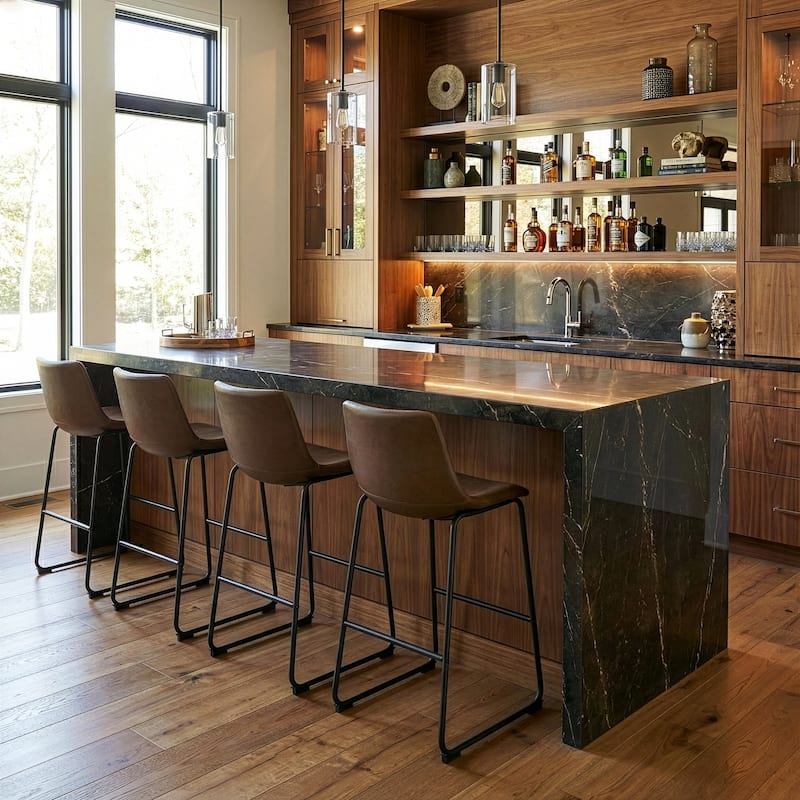 Set of 2 Ave Iron Frame Brown Faux Leather Bar Stool with Stitching