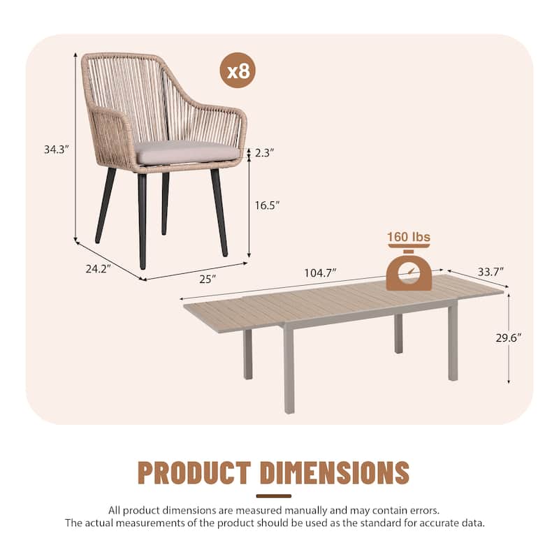 9-Piece Expandable Aluminum Patio Dining Set with PE Twisted Rattan Chairs & Polyester Cushions