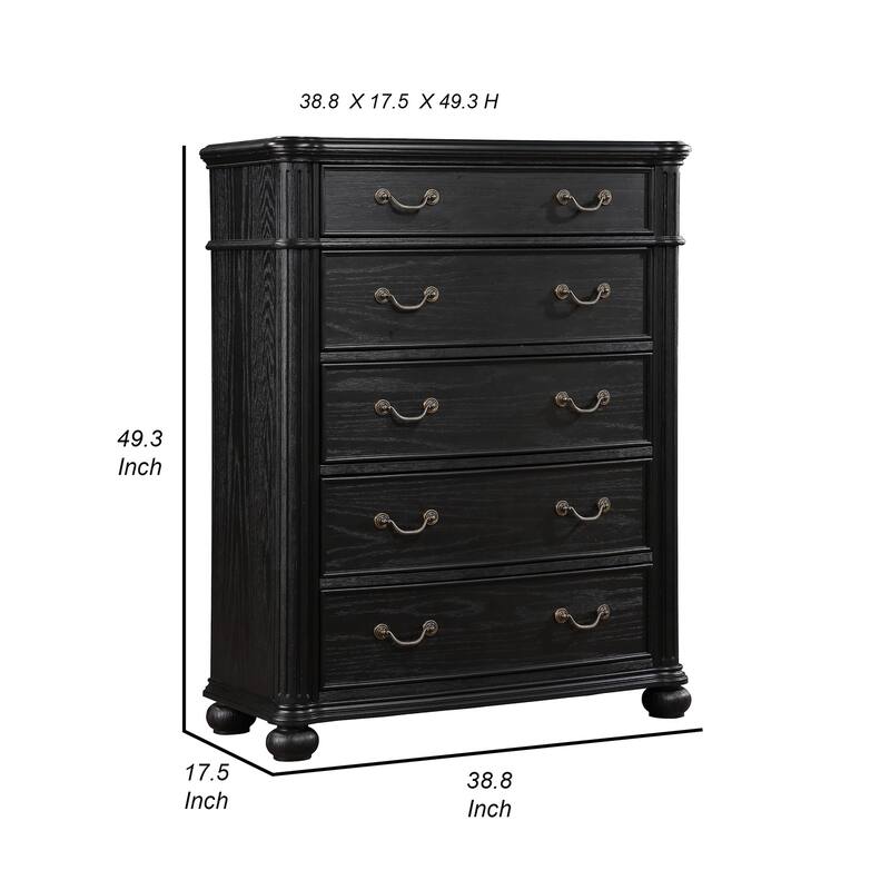 Berry 49 Inch Tall Dresser Chest, Wood, Metal Handles, 5 Drawers, Black