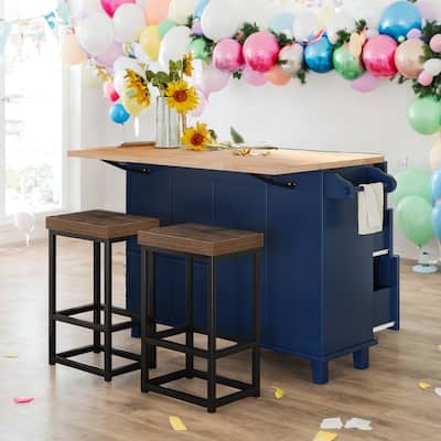 Farmhouse Kitchen Island Set with Drop Leaf and 2 Seatings,Dining Table Set with Storage Cabinet, Drawers and Towel Rack